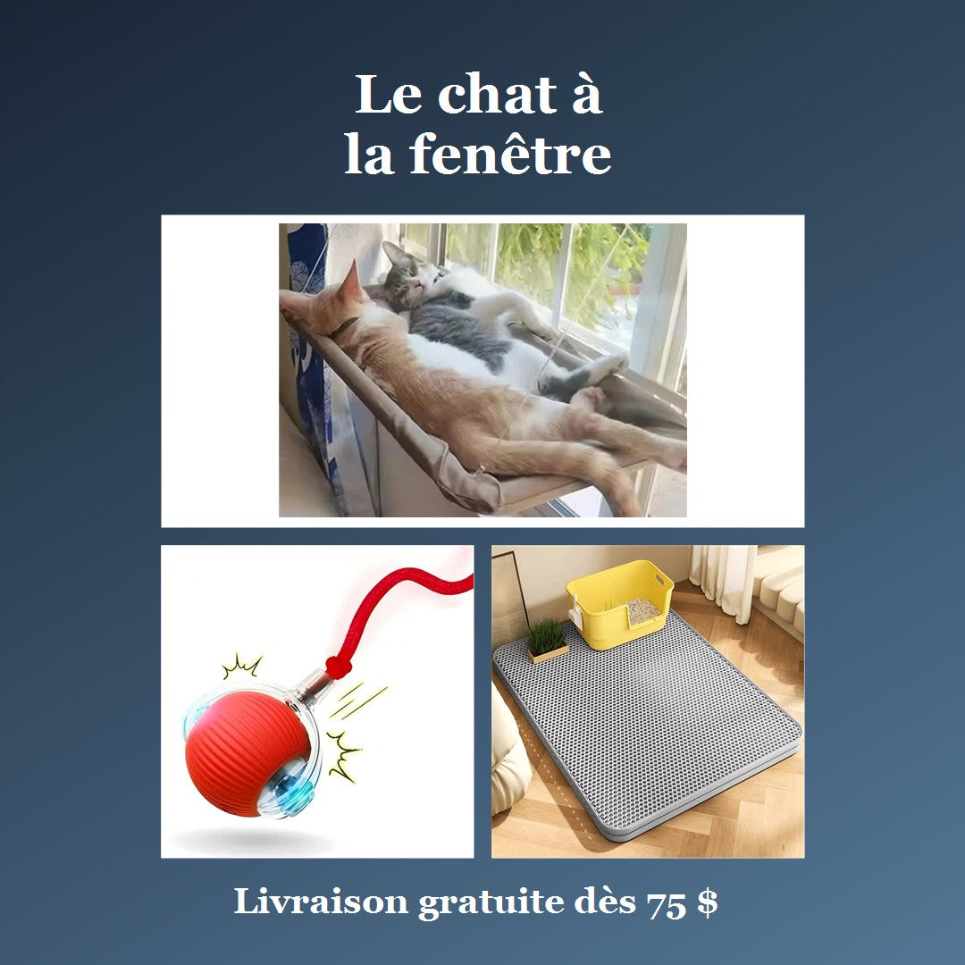 Ensemble Le chat à la fenêtre : hamac de fenêtre, balle interactive et tapis de litière