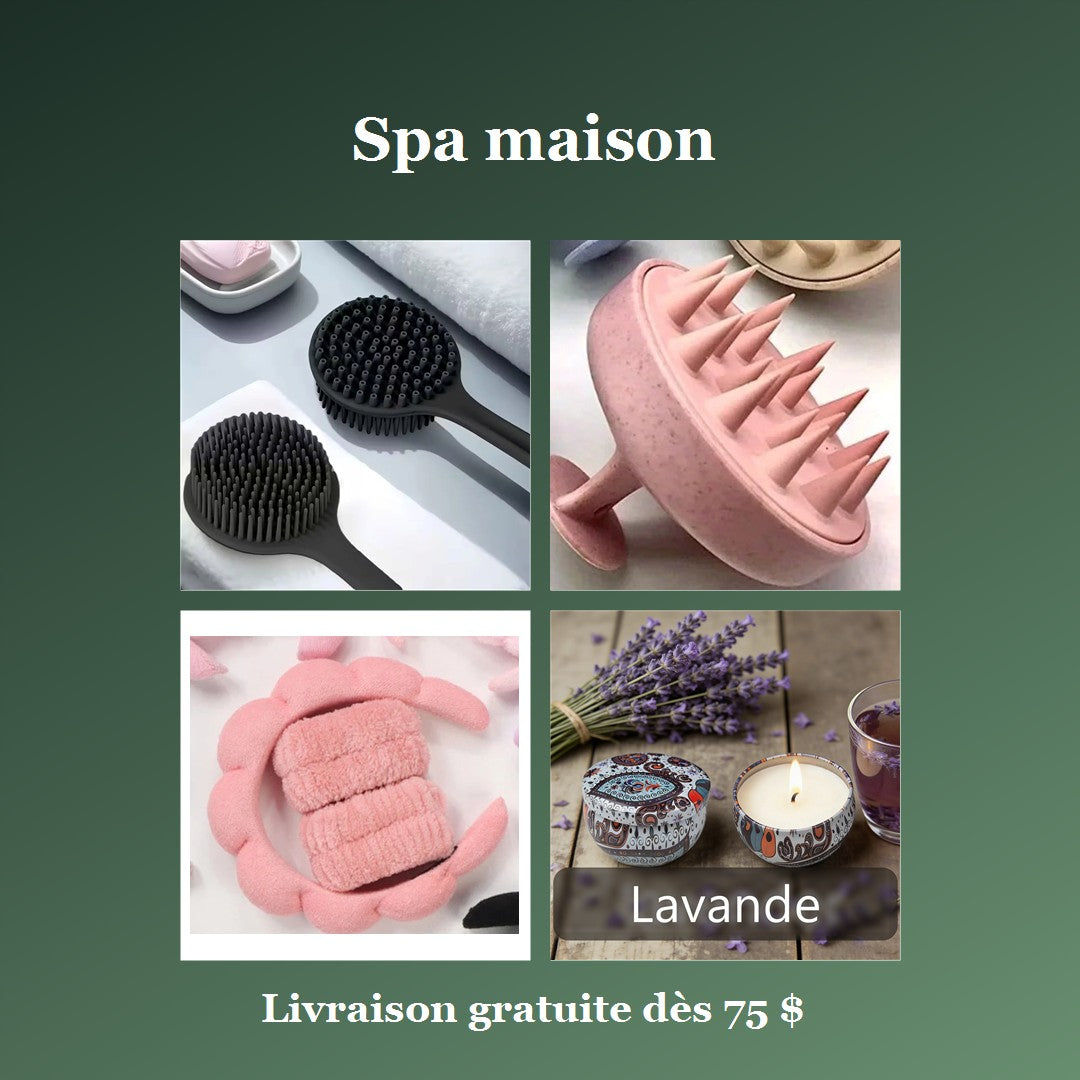 Ensemble Spa maison : brosse exfoliante, brosse de massage du cuir chevelu, bandeau et poignets, bougie parfumée