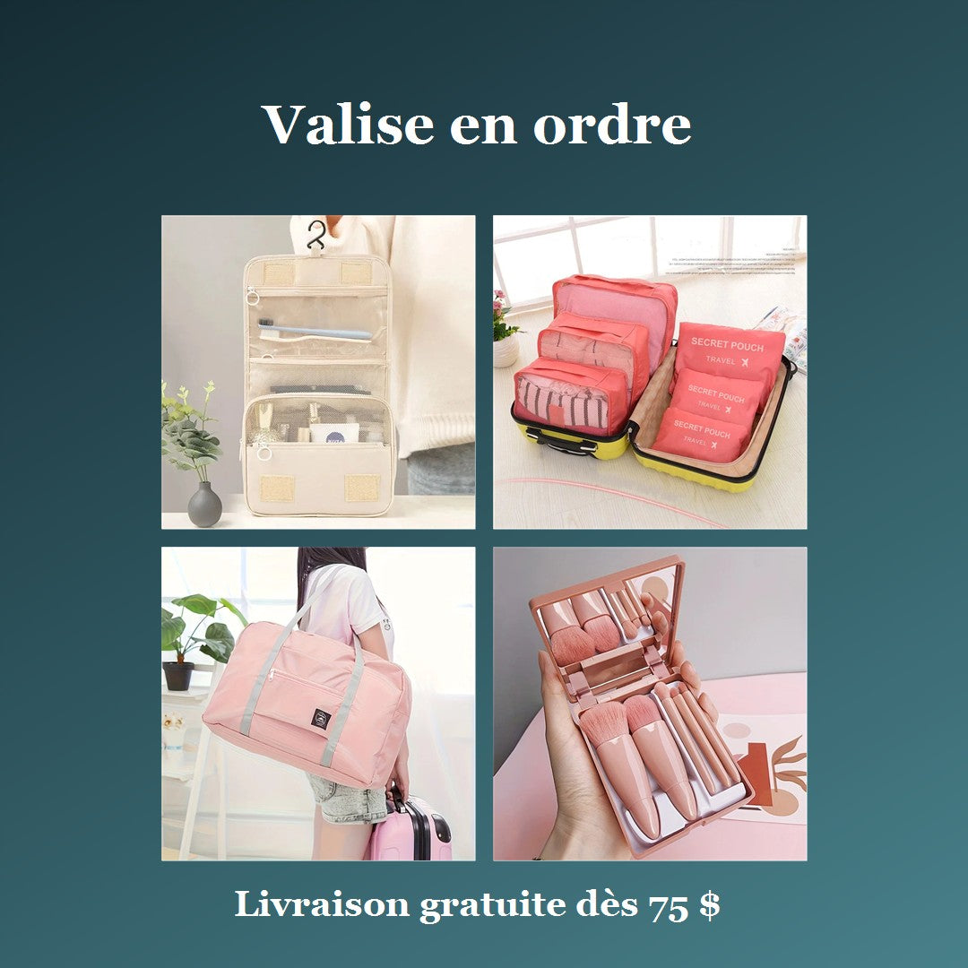 Ensemble Valise en ordre : trousse de toilette suspendue, pochettes de rangement, sac pliable et pinceaux de voyage