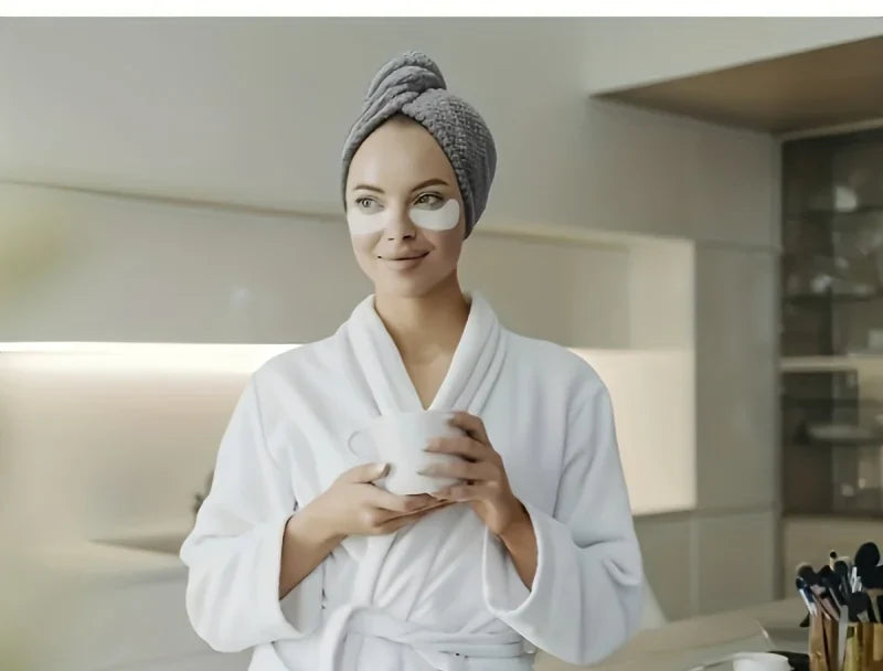Femme portant la serviette turban grise après la douche