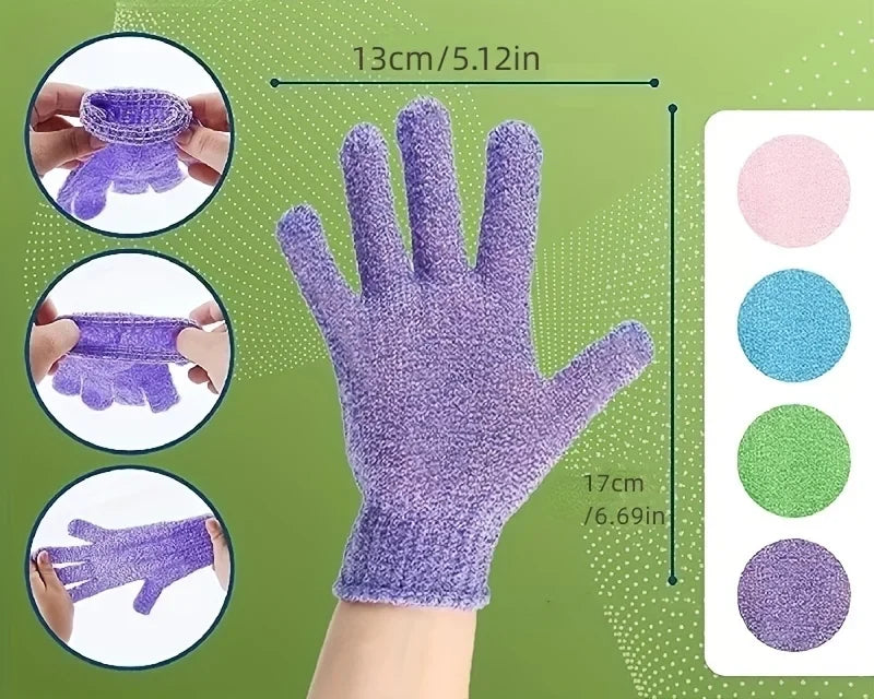 Gant exfoliant violet et les quatre couleurs offertes, largeur de 13 cm
