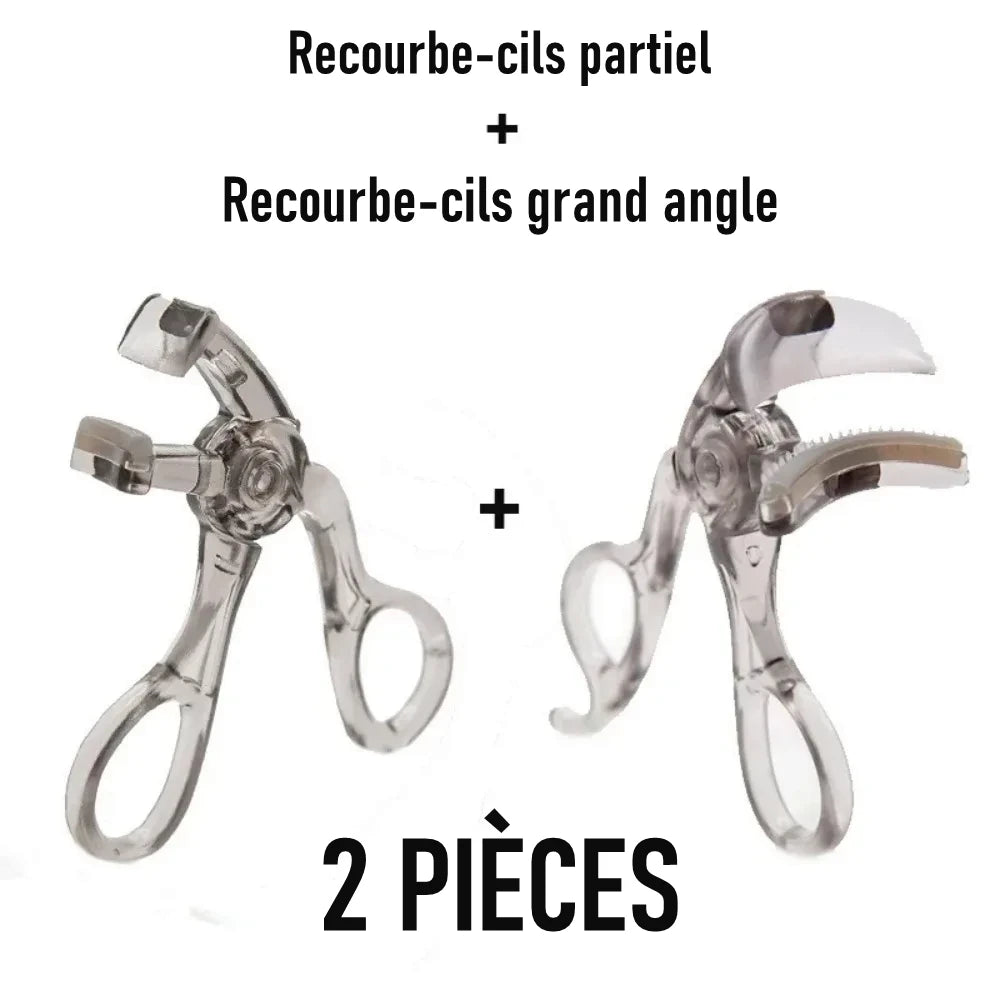 Deux recourbe-cils transparents, un modèle partiel et un modèle grand angle.