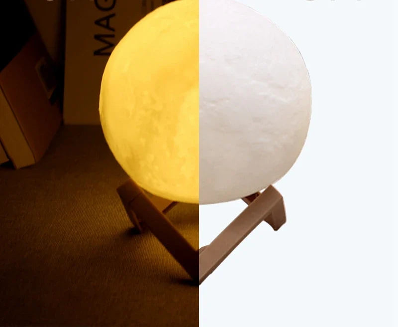 Lampe lune allumée et éteinte, côte à côte