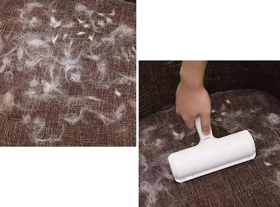 Tissu couvert de poils avant et après le passage du rouleau