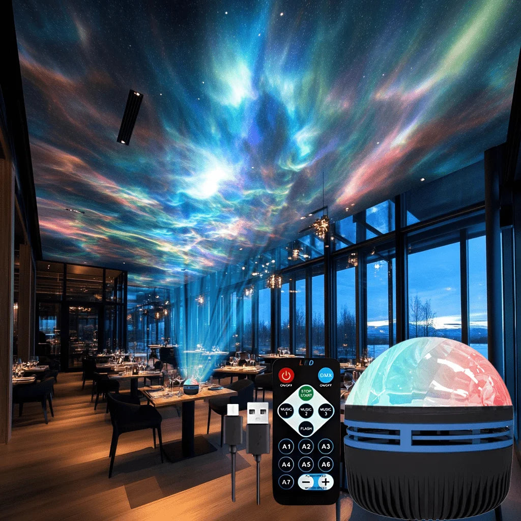 Projecteur aurore boréale avec télécommande et câble, aurore projetée au plafond d'un restaurant