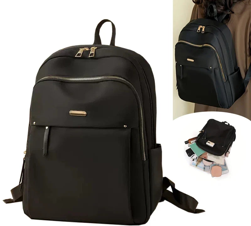 Sac à dos noir en nylon, vue de face et porté à l'épaule