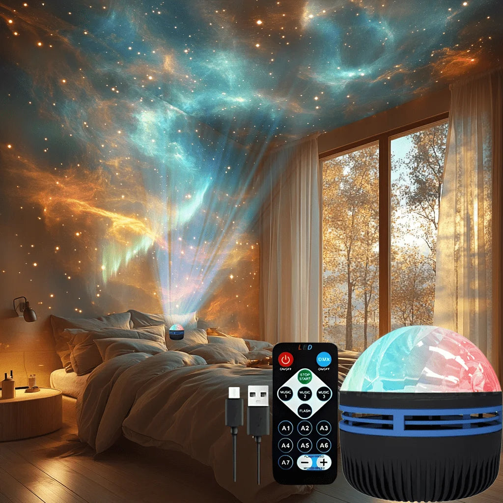Projecteur aurore boréale avec télécommande, nébuleuse étoilée projetée au-dessus d'un lit