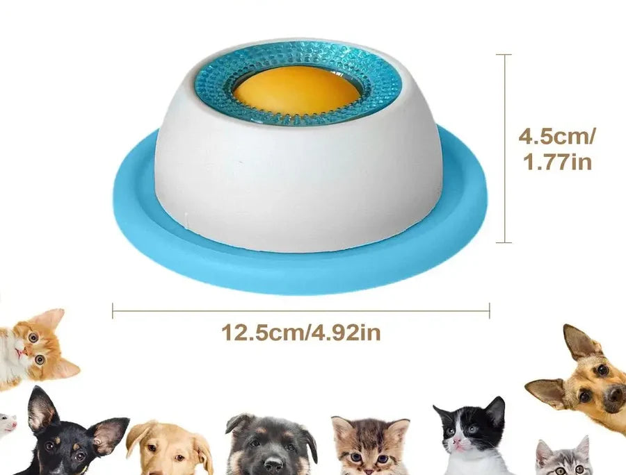 Bol distributeur bleu avec ses dimensions, 12,5 cm de large