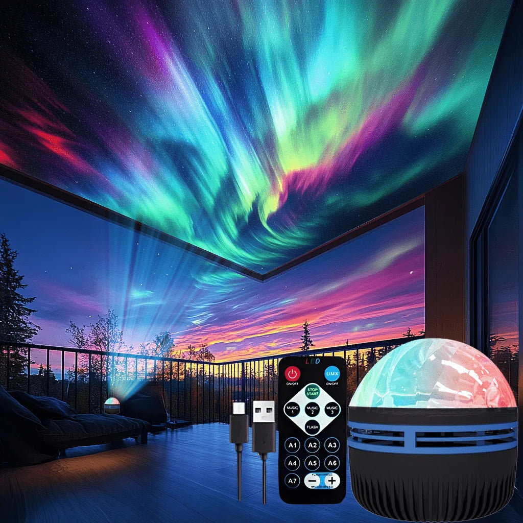 Projecteur aurore boréale avec télécommande et câble USB, aurore projetée sur une terrasse