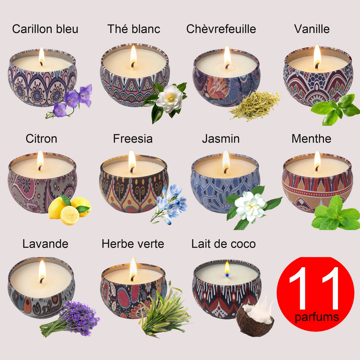 Les onze parfums de bougie en boîte métallique, avec leur nom en français