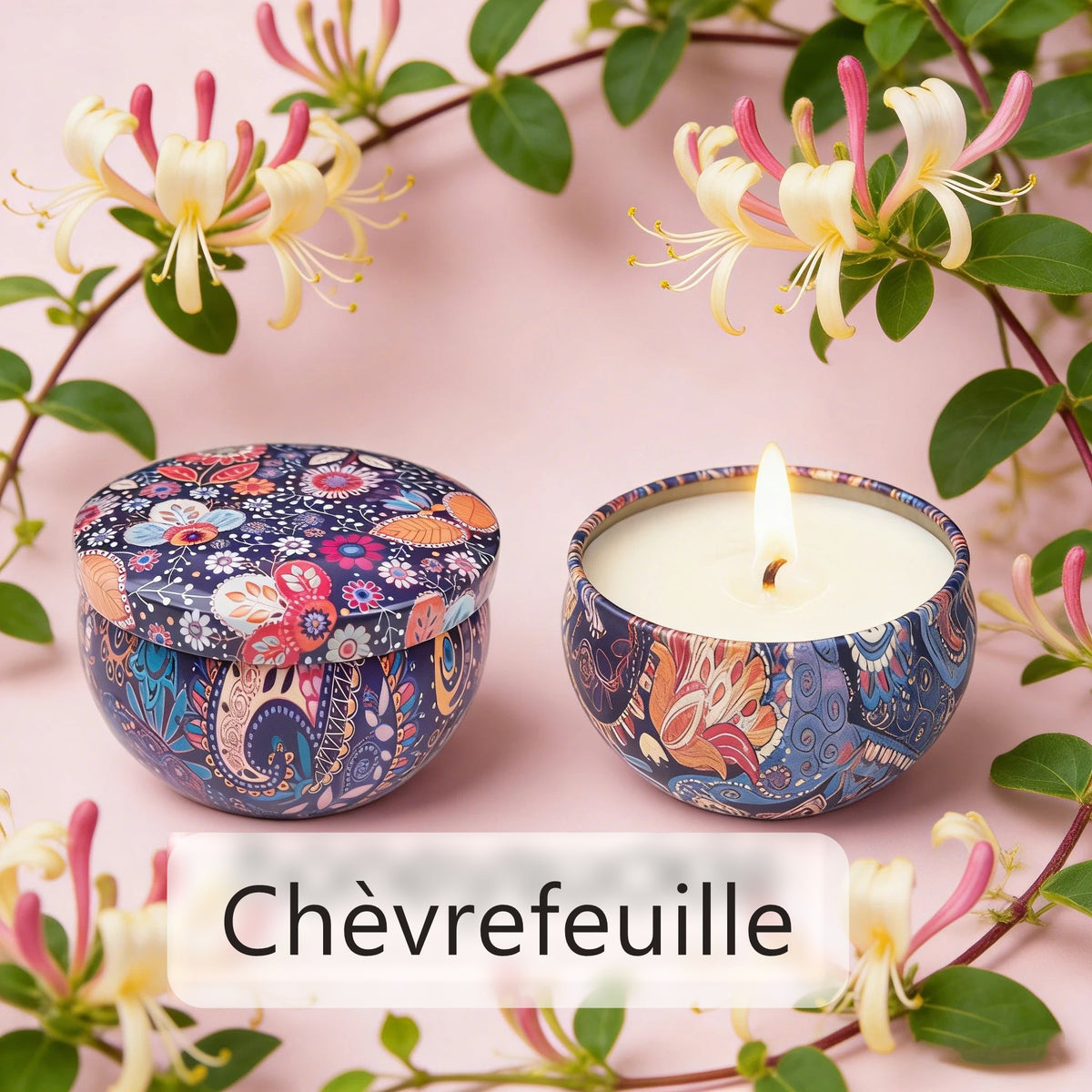 Bougie d'aromathérapie parfum chèvrefeuille, avec des fleurs de chèvrefeuille