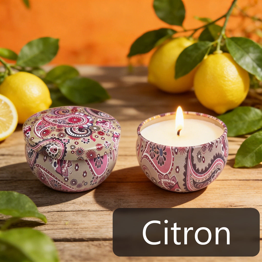Deux bougies en boîtes métalliques à motifs cachemire parmi des citrons sur une table en bois.