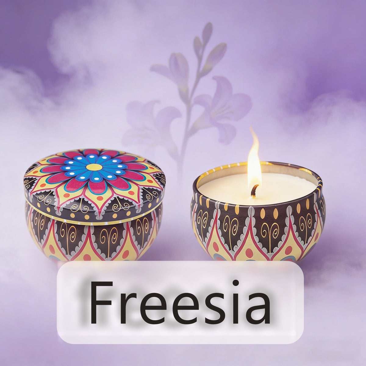 Bougie d'aromathérapie parfum freesia, sur fond mauve