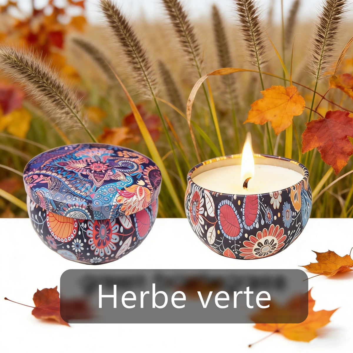 Bougie d'aromathérapie parfum herbe verte, parmi les graminées d'automne
