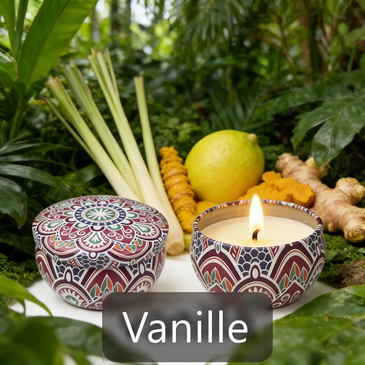 Bougie d'aromathérapie parfum vanille, entourée de citronnelle et de gingembre
