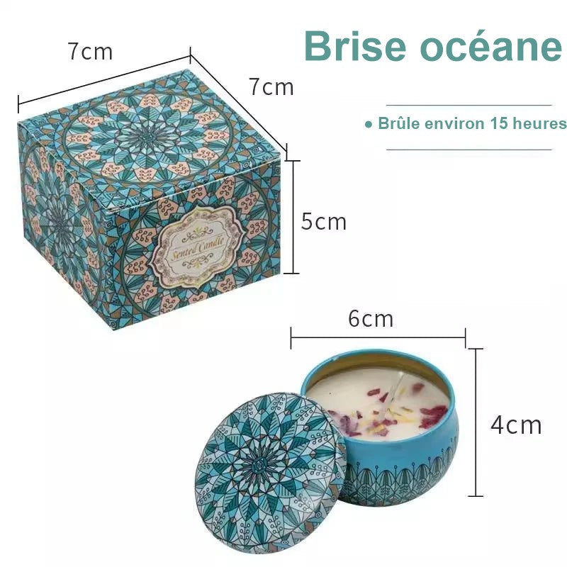 Bougie parfumée vintage brise océane, avec sa boîte cadeau et ses dimensions
