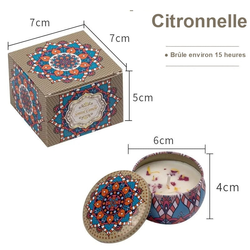 Bougie parfumée vintage à la citronnelle, avec sa boîte cadeau et ses dimensions