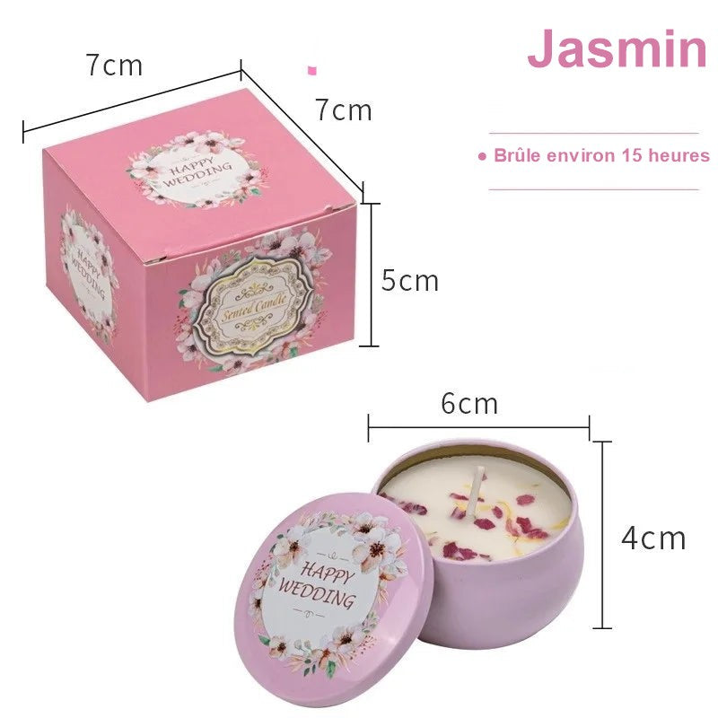 Bougie parfumée vintage au jasmin, avec sa boîte cadeau et ses dimensions