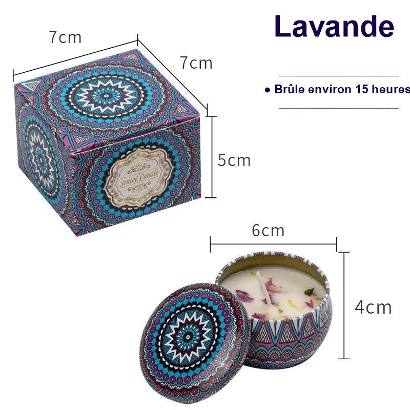 Bougie parfumée vintage à la lavande, avec sa boîte cadeau et ses dimensions
