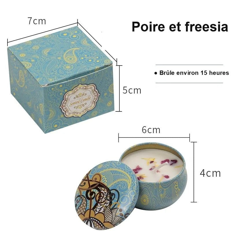Bougie parfumée vintage poire et freesia, avec sa boîte cadeau et ses dimensions