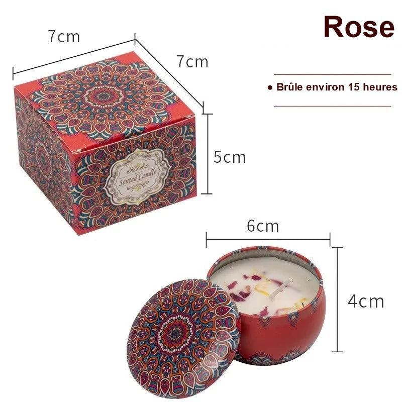 Bougie parfumée vintage à la rose, avec sa boîte cadeau et ses dimensions