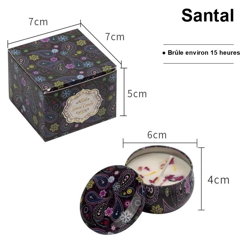 Bougie parfumée vintage au santal, avec sa boîte cadeau et ses dimensions
