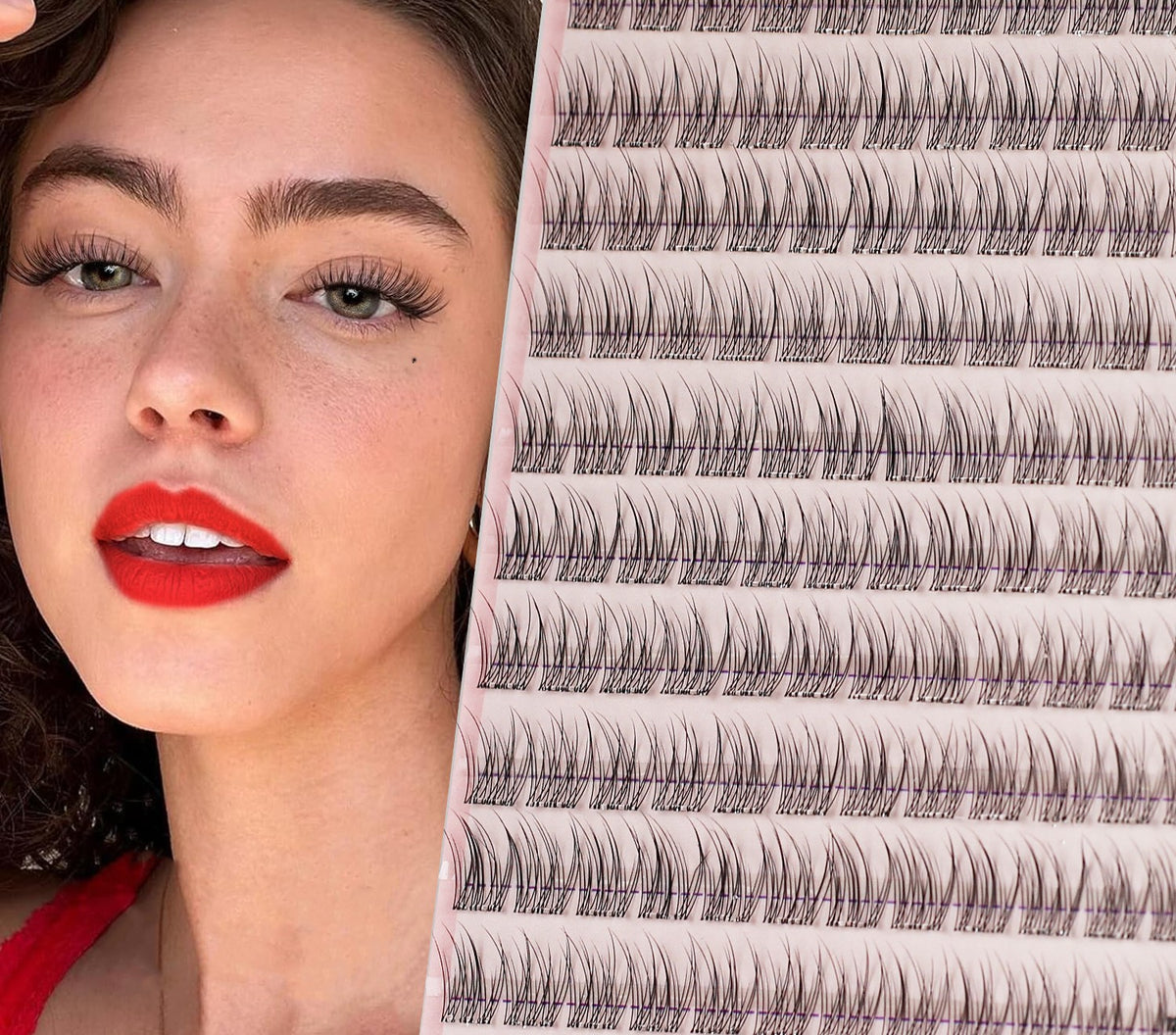 Femme portant les faux cils en bouquets, à côté du plateau de 120 bouquets