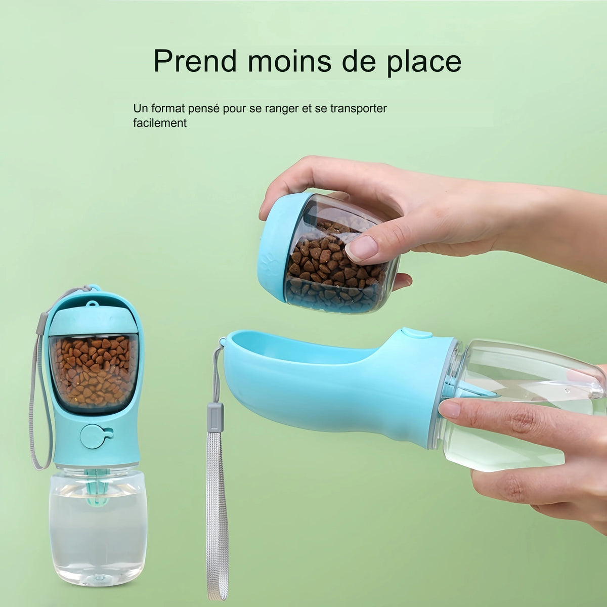 La gourde refermée et ses deux parties séparées tenues à la main, avec la mention : prend moins de place
