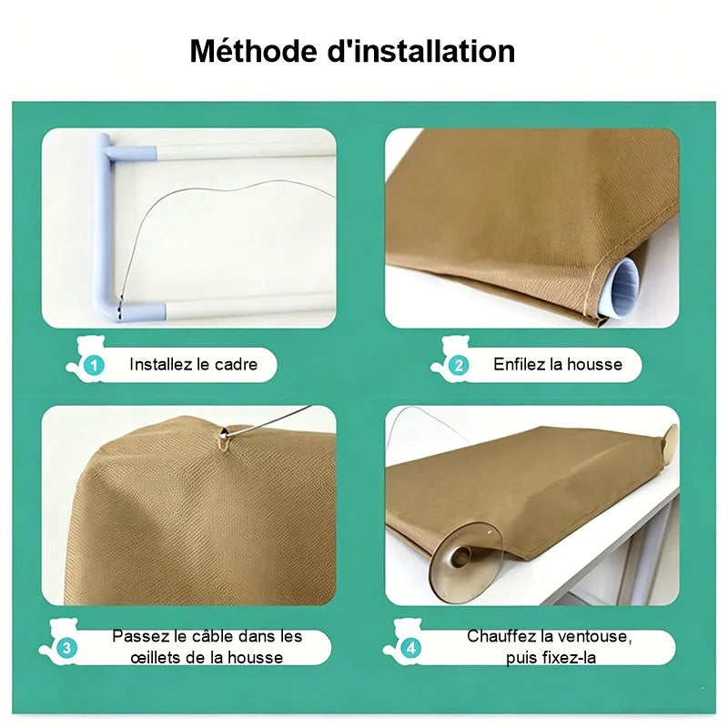 Méthode d'installation en quatre étapes : installez le cadre, enfilez la housse, passez le câble dans les œillets, chauffez la ventouse puis fixez-la