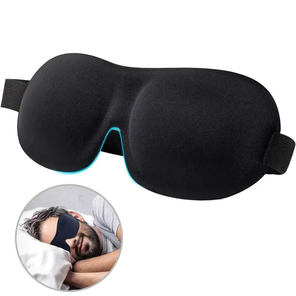 Masque de sommeil noir vu de trois quarts et un homme qui le porte pour dormir