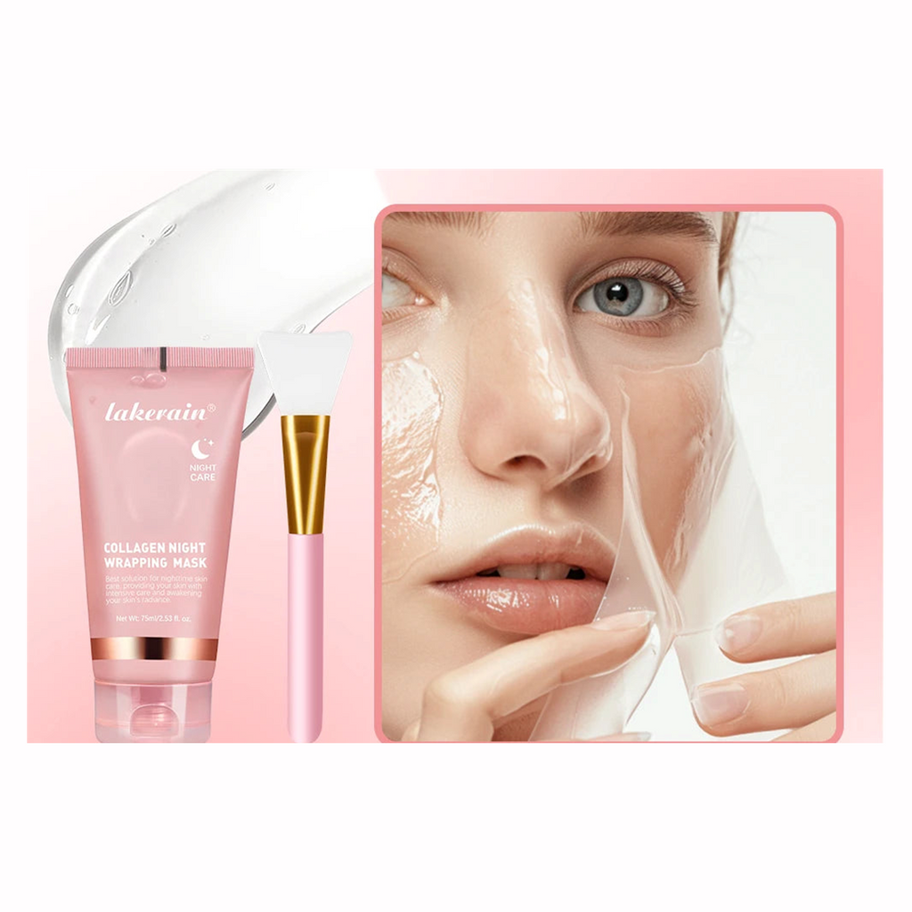 Application du masque de nuit au collagène sur le visage, au pinceau