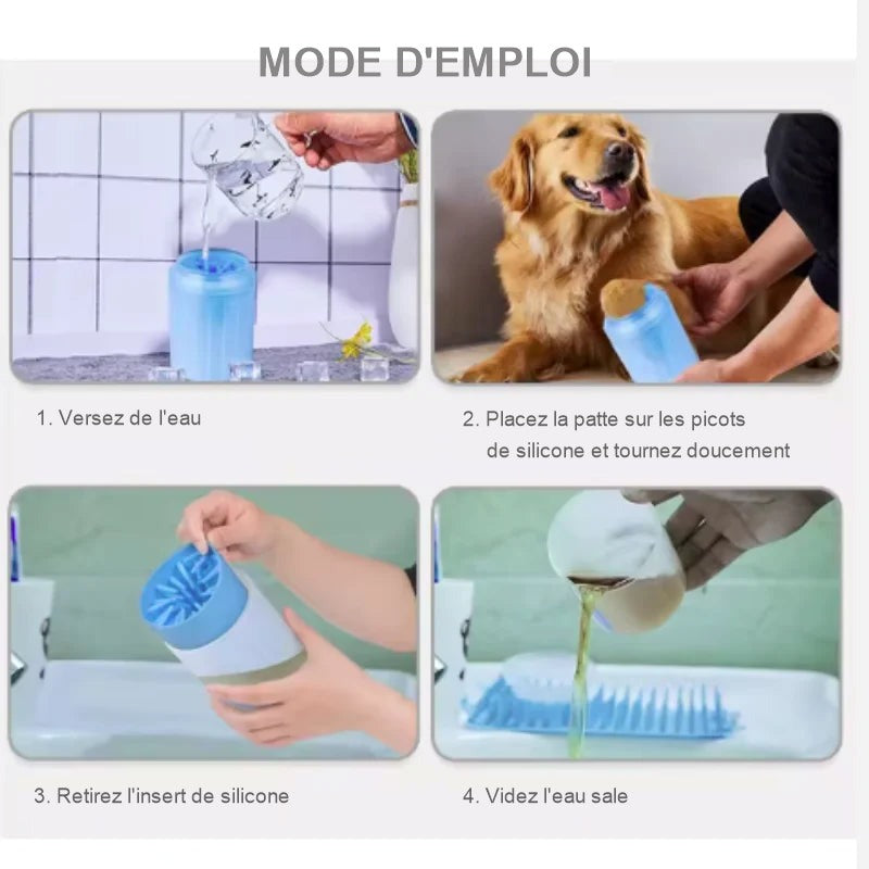 Mode d'emploi en quatre étapes : verser l'eau, placer la patte sur les picots et tourner, retirer l'insert de silicone, vider l'eau sale