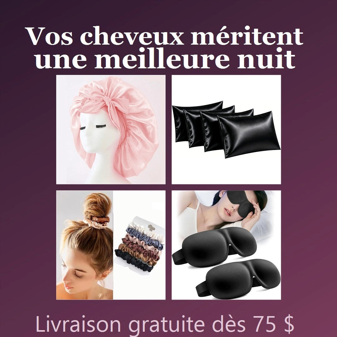 Bonnet, taies d’oreiller, chouchous et masque de sommeil en satin