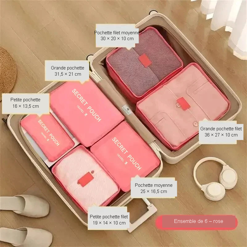 Les six pochettes rangées dans une valise, avec leurs dimensions en français