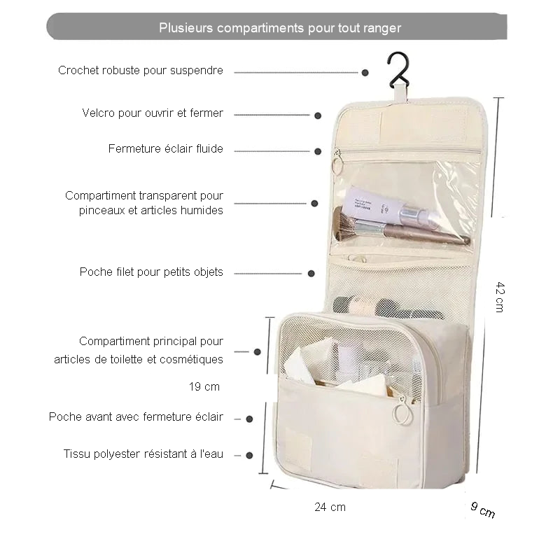Trousse de toilette suspendue, ses compartiments et ses dimensions en français